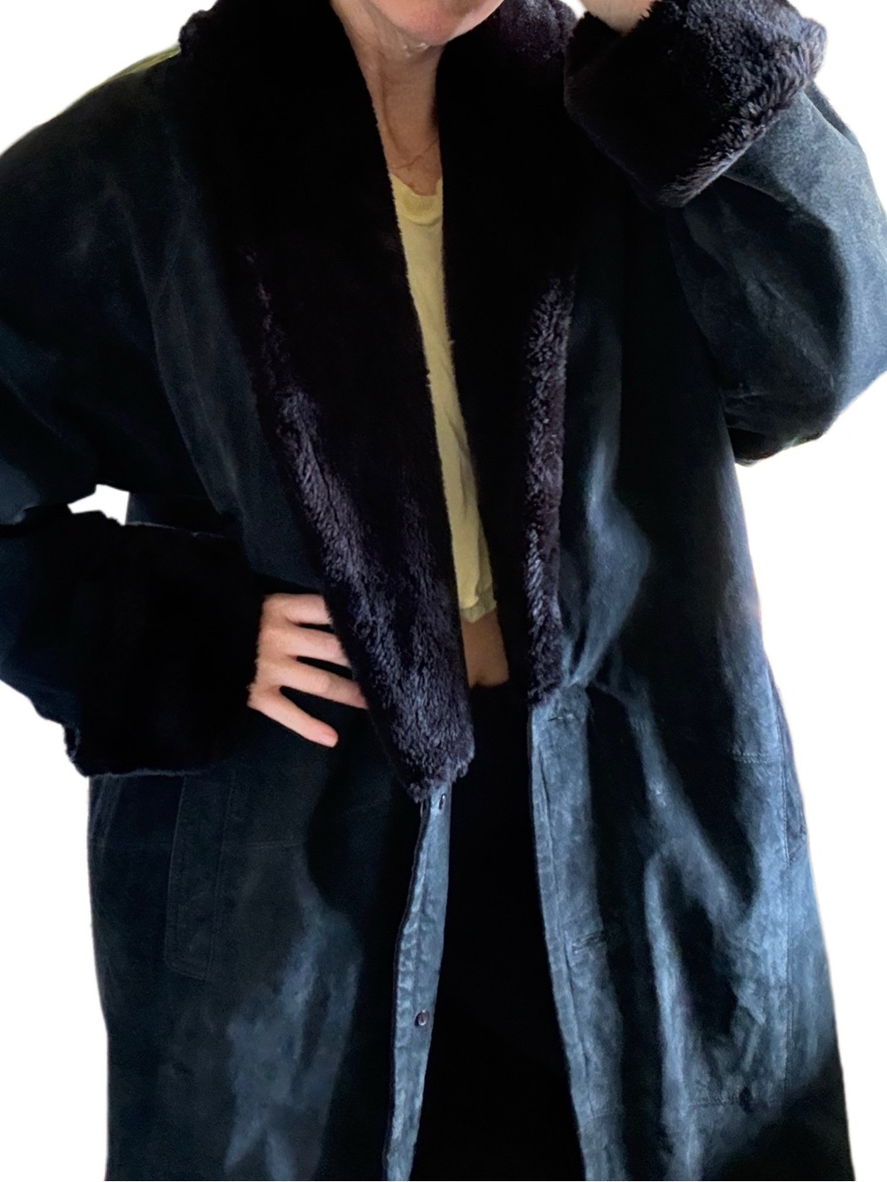 Vintage mob wife Women's XL long maxi suede Black Faux Fur trim Collar Coat